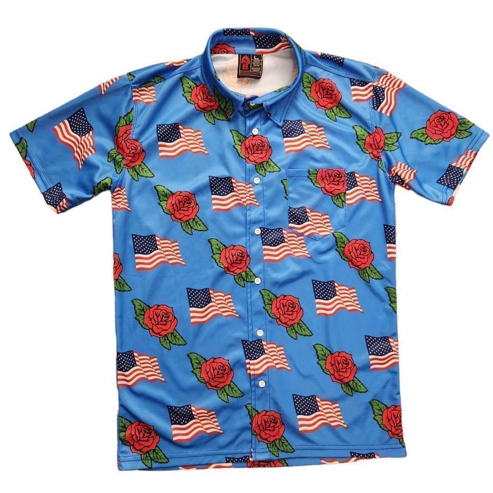 OAF NATION USA FLag Floral overall print mens L Blue with red roses USA Flag